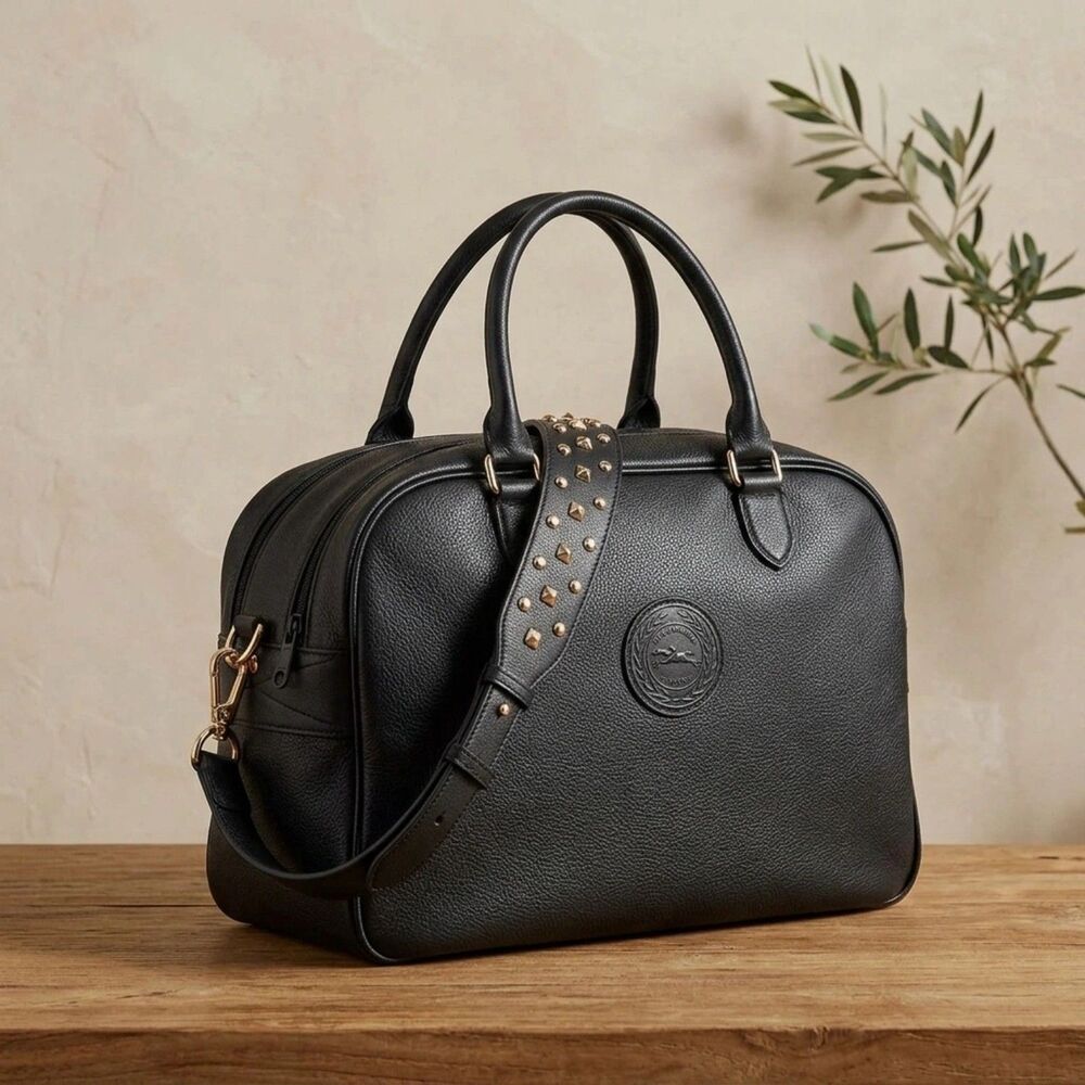 Longchamp black with gold-tone hardware pebbled leather structured shoulder